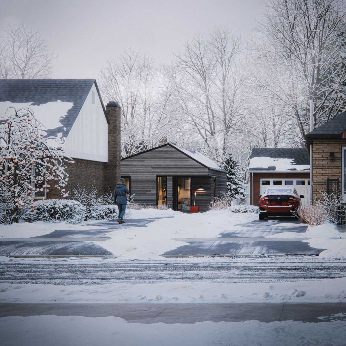 Rendu 3D d’un logement accessoire dans une cour en hiver. Situé derrière une habitation en briques, le bâtiment revêtu de bois foncé comprend de grandes fenêtres.